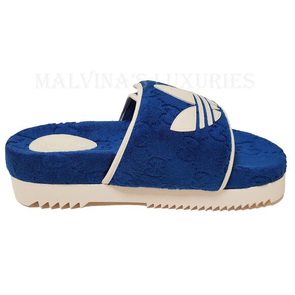 GUCCI MENS SHOES ADIDAS X GG BLUE COTTON SPONGE PLATFORM SANDAL SLIDE sz 9 9.5 - Picture 10 of 16